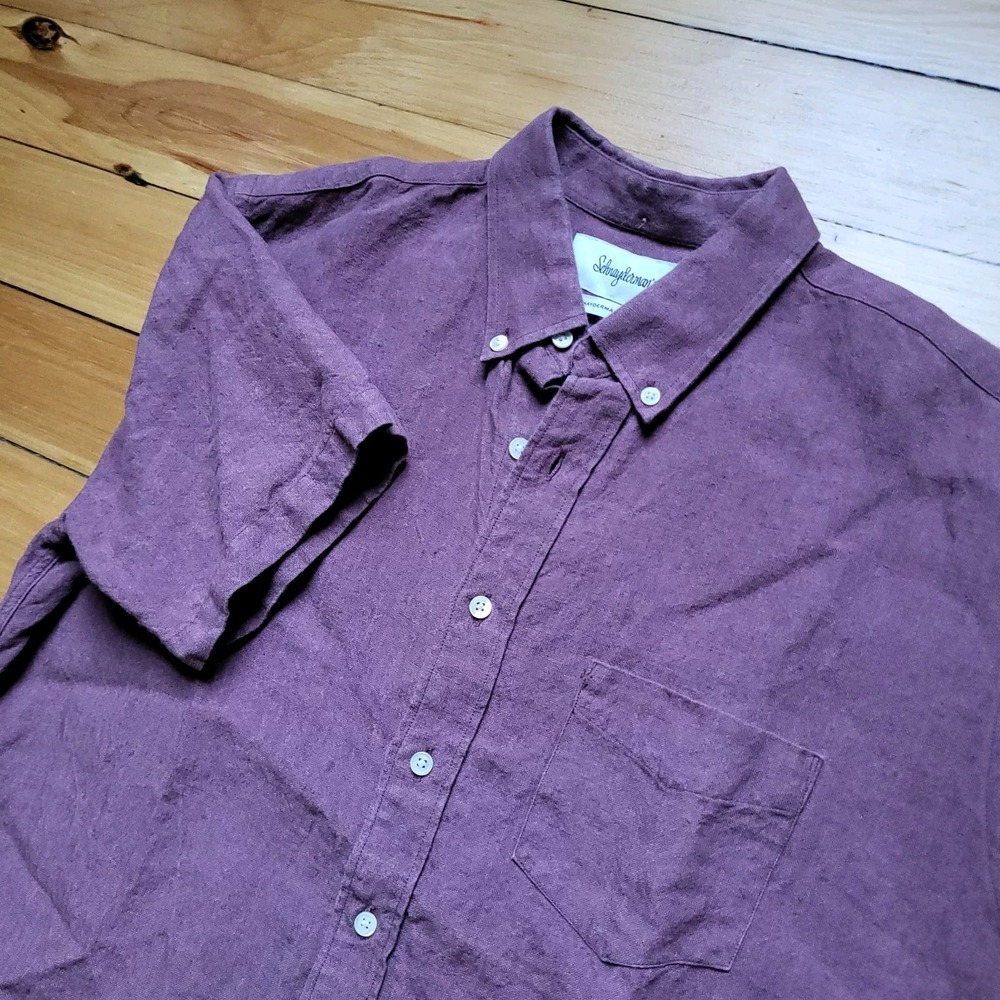 Schnayderman Linen Shirt Button Down Mens 15.5 Medium Red Preppy Beachy Camp Dad